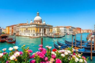 Velence csodás látképe virágokkal és gondolákkal a vízen