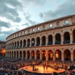 Verona Arénája operaelőadás közönsége alatt nyáron.