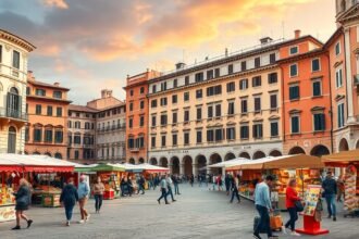 Piazza delle Erbe, Verona, középkori piactér árusokkal és palotákkal.