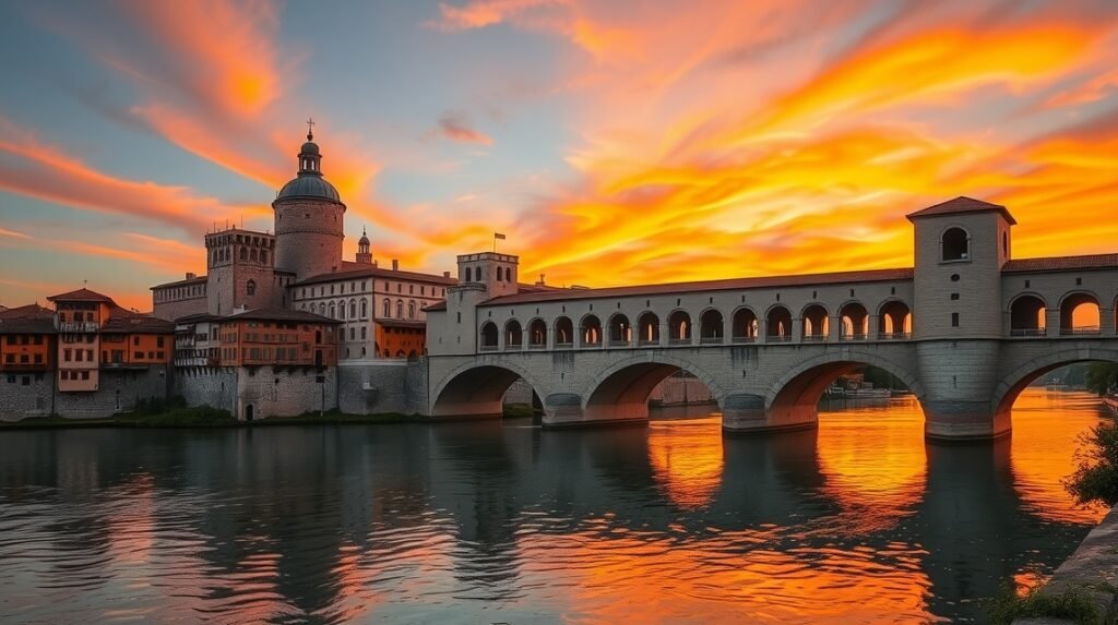 Castelvecchio vára és a Ponte Scaligero Veronában naplementében