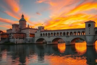 Castelvecchio vára és a Ponte Scaligero Veronában naplementében