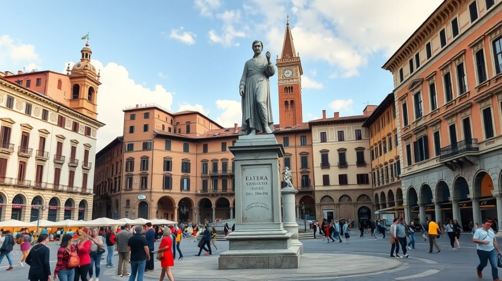 Dante szobra a Piazza dei Signori téren Veronában, Olaszországban.