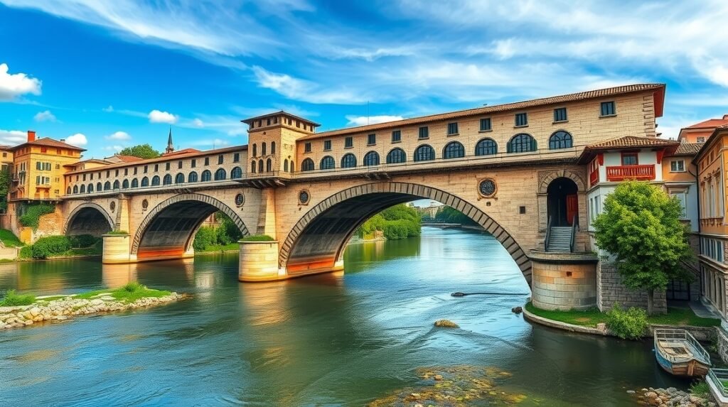 A Ponte Pietra híd Veronában, Olaszország, a gyönyörű Adige folyó felett.