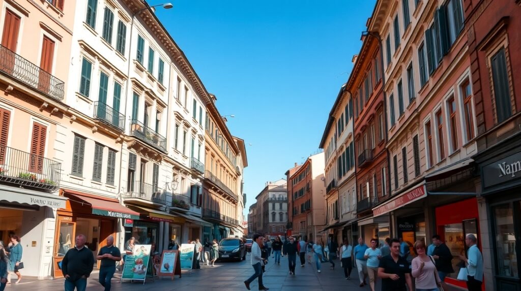 Via Mazzini sétálóutca, Verona, Olaszország, elegáns üzletekkel