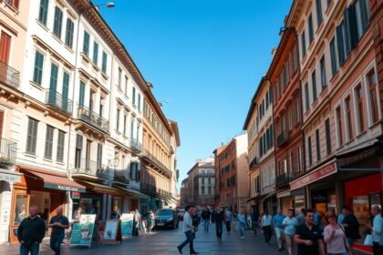 Via Mazzini sétálóutca, Verona, Olaszország, elegáns üzletekkel