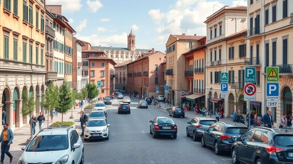 Verona belvárosában parkoló autók és gyalogosok sétálnak.