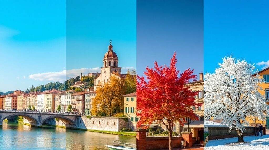 Verona négy évszakának látképe, színes épületekkel és virágzó fákkal.