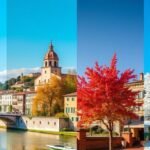 Verona négy évszakának látképe, színes épületekkel és virágzó fákkal.