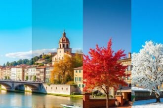 Verona négy évszakának látképe, színes épületekkel és virágzó fákkal.