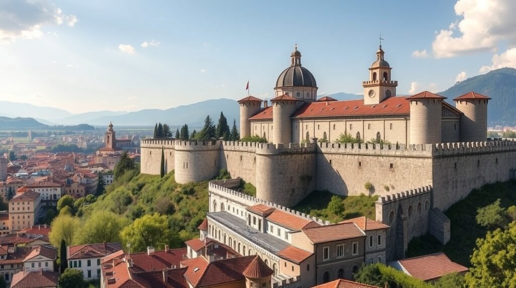 A Bergamo-i Velencei falak panorámája Città Alta városrészben.