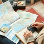 Napi költségvetés tervezése Európában, számológéppel és térképpel.