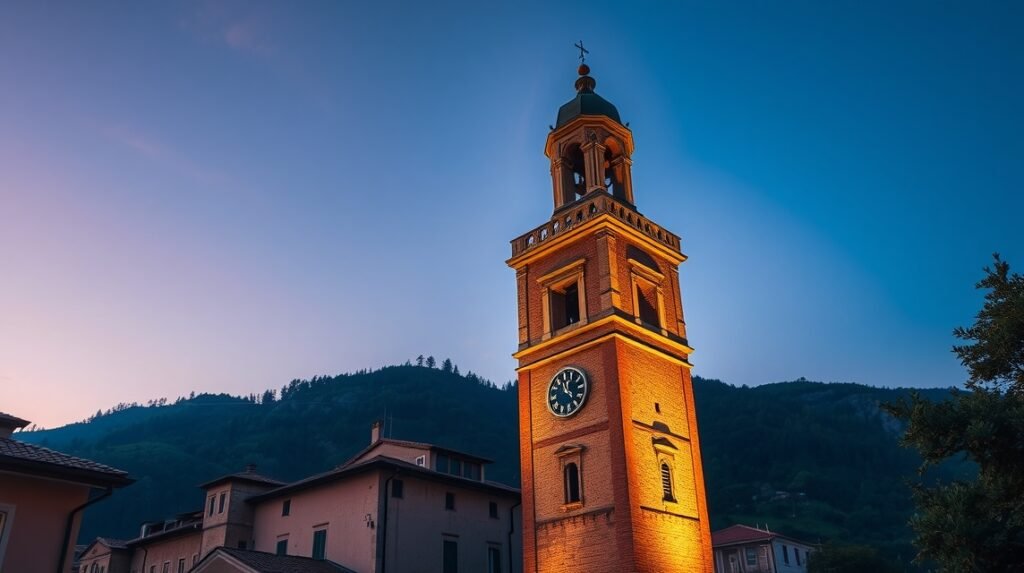 Campanone harangtorony Bergamóban, élénk esti fényben