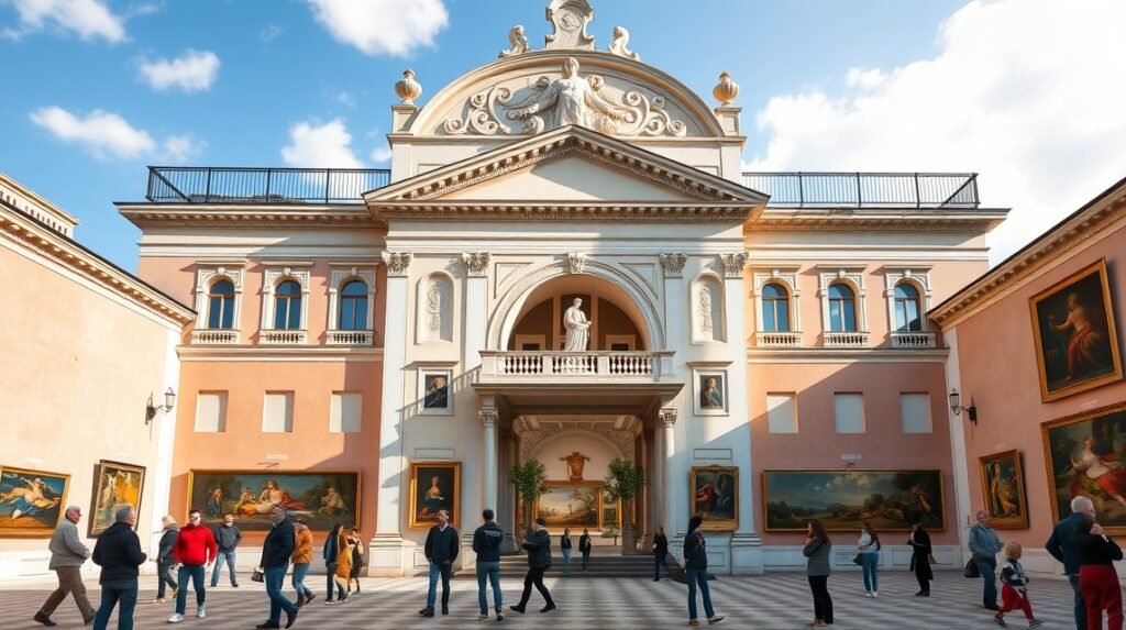 Az Accademia Carrara képtár Bergamóban, látogatók a művészeti gyűjtemény előtt.