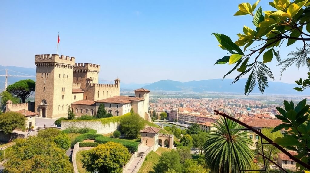 Rocca di Bergamo erődítmény panorámás kilátással Olaszország felett.