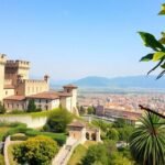Rocca di Bergamo erődítmény panorámás kilátással Olaszország felett.