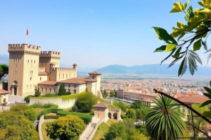 Rocca di Bergamo erődítmény panorámás kilátással Olaszország felett.