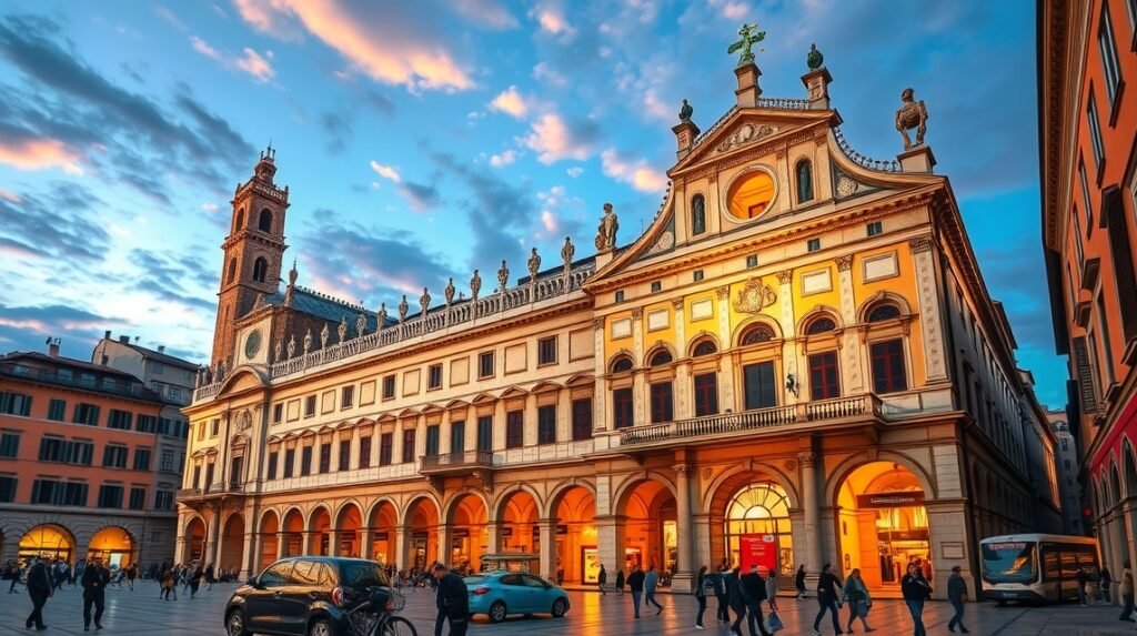 A Palazzo della Ragione épülete Bergamóban naplementében.