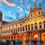 A Palazzo della Ragione épülete Bergamóban naplementében.