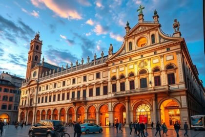A Palazzo della Ragione épülete Bergamóban naplementében.