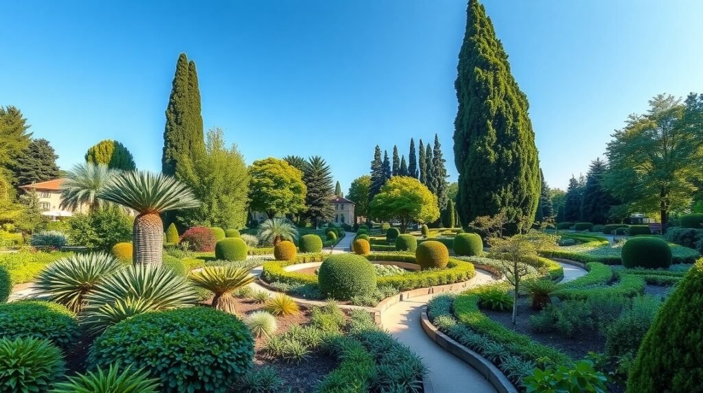 Bergamo botanikus kertje színes növényekkel és zöld tájjal