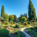 Bergamo botanikus kertje színes növényekkel és zöld tájjal