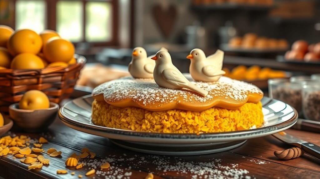 Polenta e Osei, a traditional Bergamo dessert with bird decorations