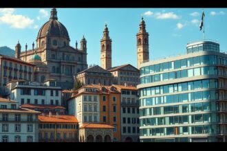 Bergamo középkori és modern építészete egy képen.