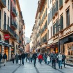 Bergamo elegáns Via XX Settembre utcája tele vásárlókkal