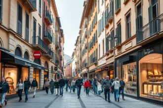 Bergamo elegáns Via XX Settembre utcája tele vásárlókkal