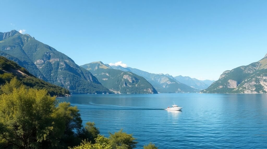 Iseo-tó és a környező hegyek panorámája hajóval.