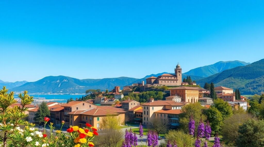 Bergamo város látképe napos időben, virágokkal az első terveben.