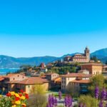 Bergamo város látképe napos időben, virágokkal az első terveben.