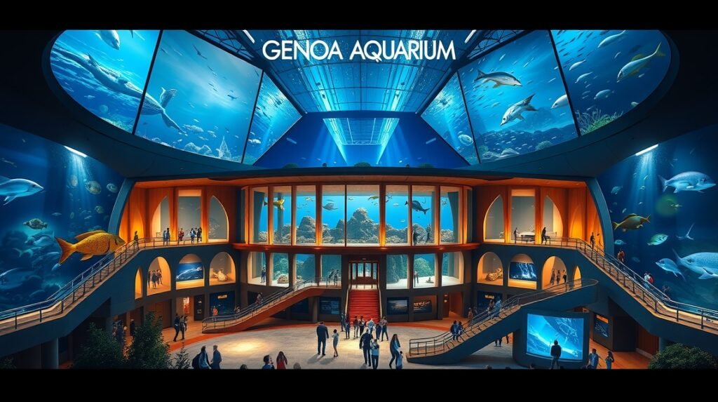 Genovai Akvárium belső tér óriási akváriumokkal és tengeri élővilággal.