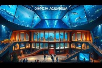 Genovai Akvárium belső tér óriási akváriumokkal és tengeri élővilággal.