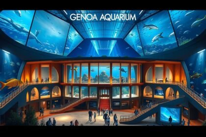 Genovai Akvárium belső tér óriási akváriumokkal és tengeri élővilággal.