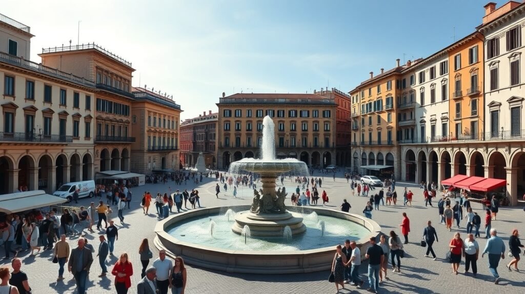 A Piazza De Ferrari impozáns szökőkútja Genova központjában, élénk városi élet mellett.