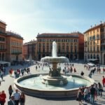 A Piazza De Ferrari impozáns szökőkútja Genova központjában, élénk városi élet mellett.