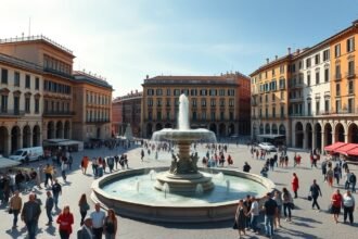 A Piazza De Ferrari impozáns szökőkútja Genova központjában, élénk városi élet mellett.