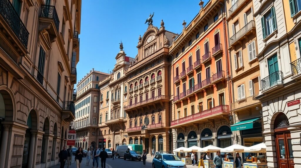 Genova Via Garibaldi díszes homlokzatai és történelmi szépségei.