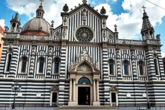 A San Lorenzo-katedrális fekete-fehér csíkos homlokzata Genovában