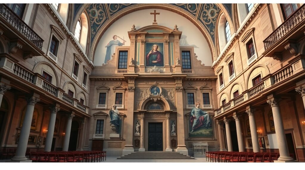 A Santa Maria di Castello templom belső nézete, festményekkel és oszlopos területtel.