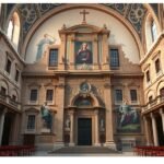 A Santa Maria di Castello templom belső nézete, festményekkel és oszlopos területtel.