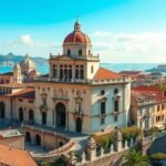 Genova városának panorámája az építészeti látnivalókkal.