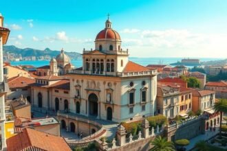 Genova városának panorámája az építészeti látnivalókkal.