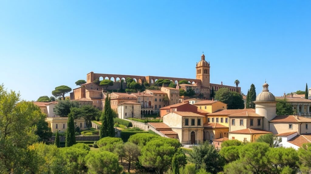 Szicília városának panorámája napsütésben, kora ősszel