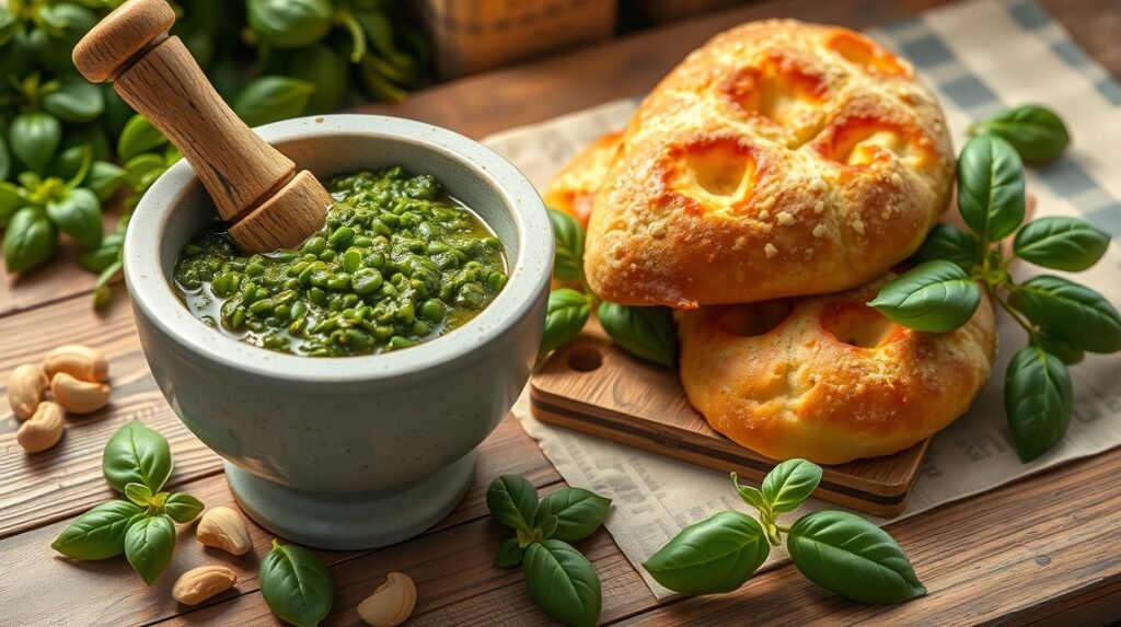Autentikus Pesto Genovese és friss focaccia tálalva bazsalikommal.