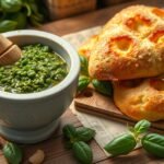 Autentikus Pesto Genovese és friss focaccia tálalva bazsalikommal.