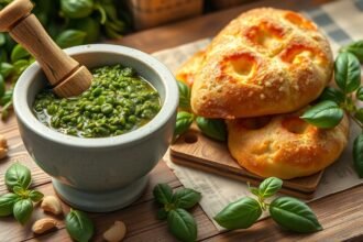 Autentikus Pesto Genovese és friss focaccia tálalva bazsalikommal.