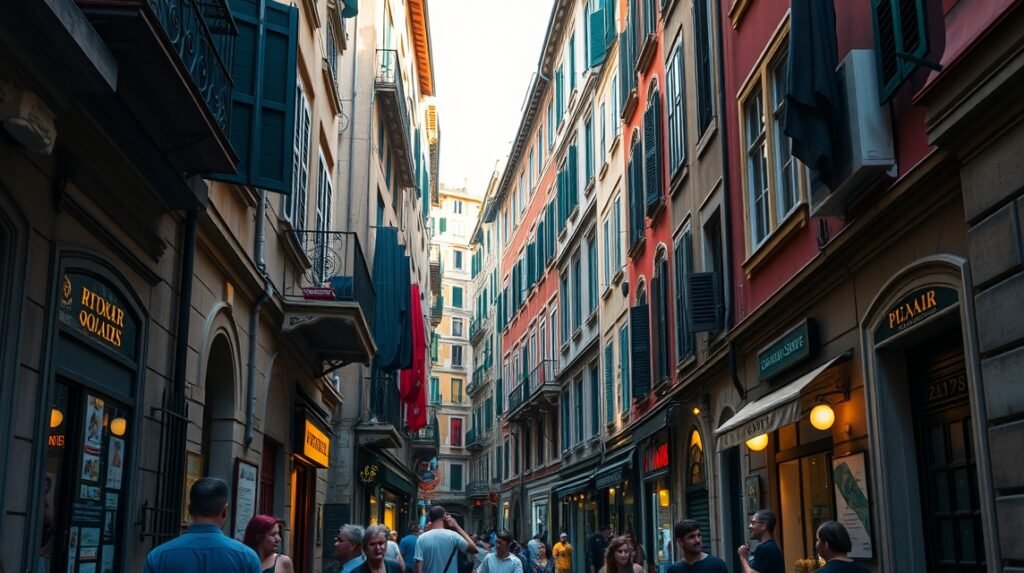 Szűk sikátorok Genova szívében, helyiek és látogatók sétálnak.