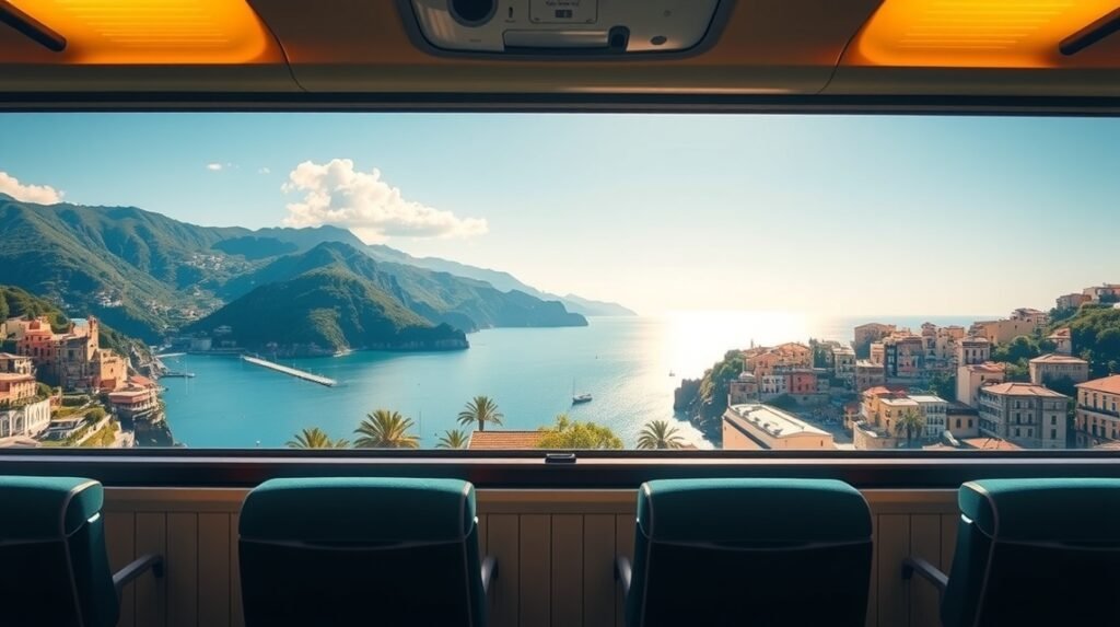 Kilátás vonatból Portofinóra a Ligur tengerparton